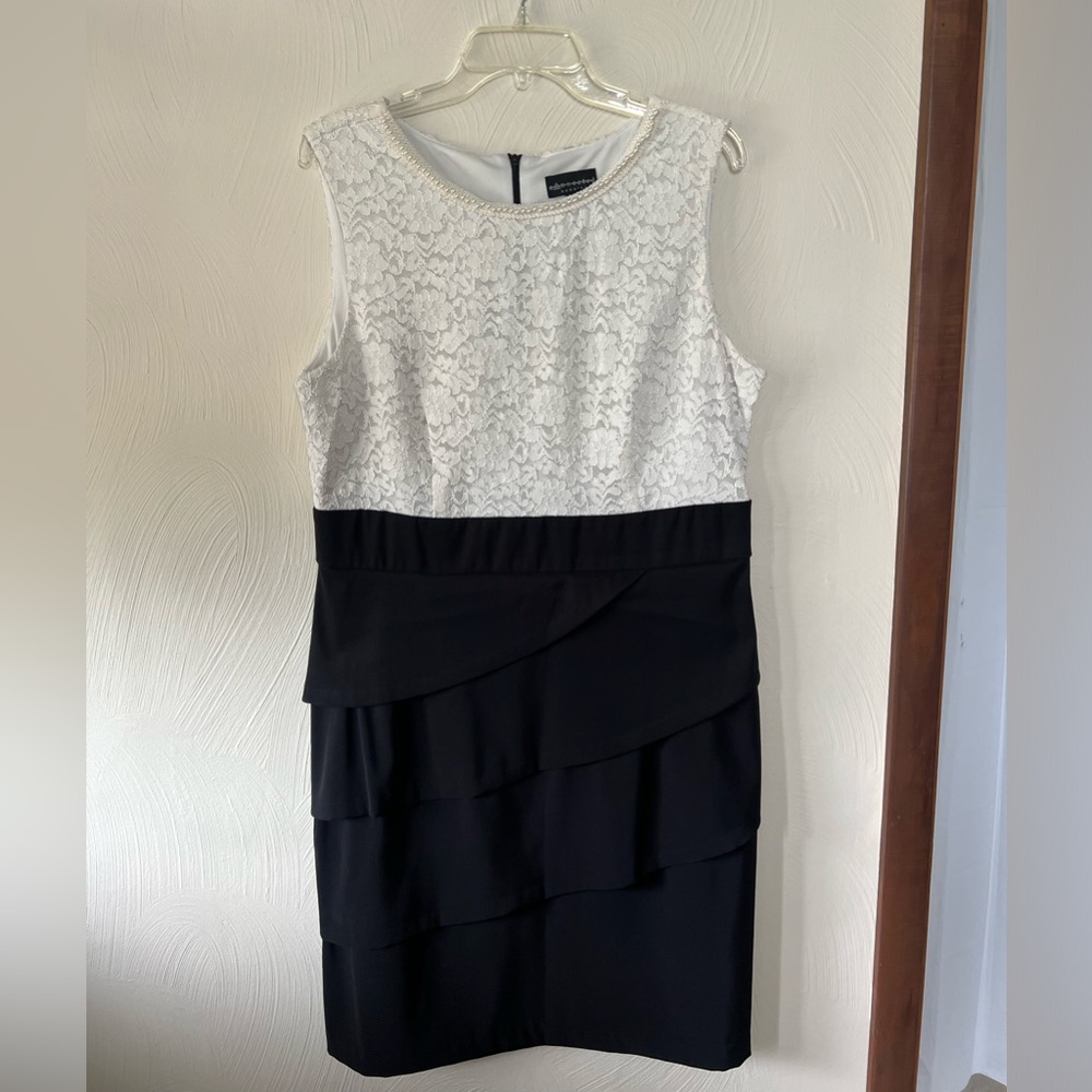White and Black Formal Dress with pearl trim